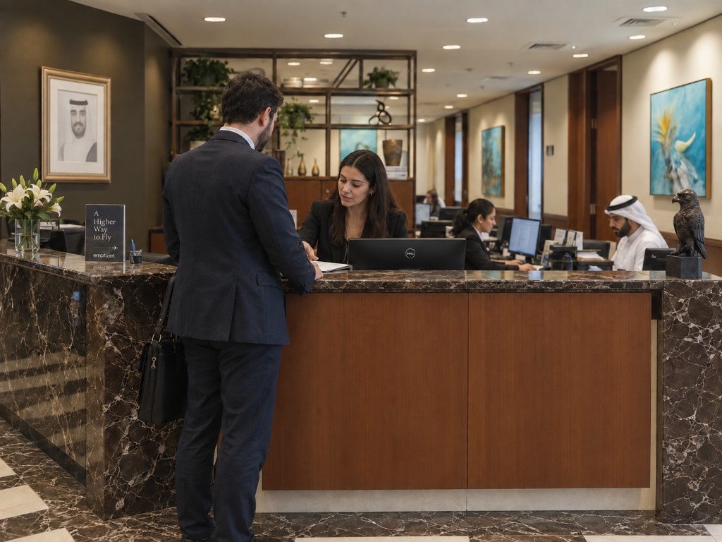 Marble reception on Level 42 of Emirates Towers