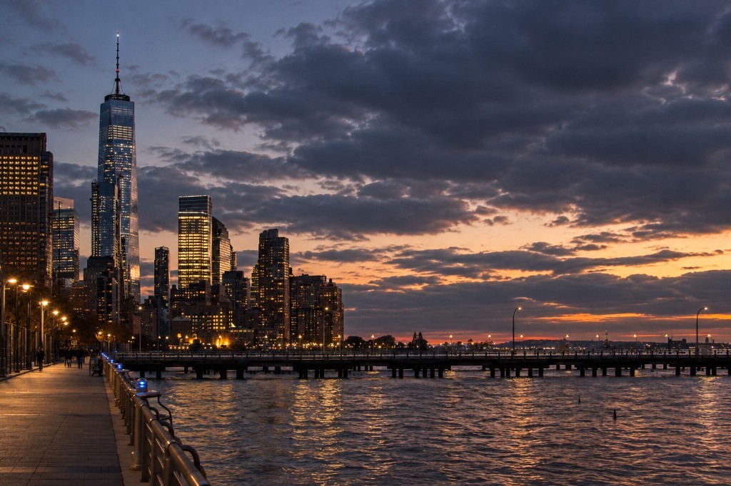 One World Trade Center from Hudson River Park at dusk